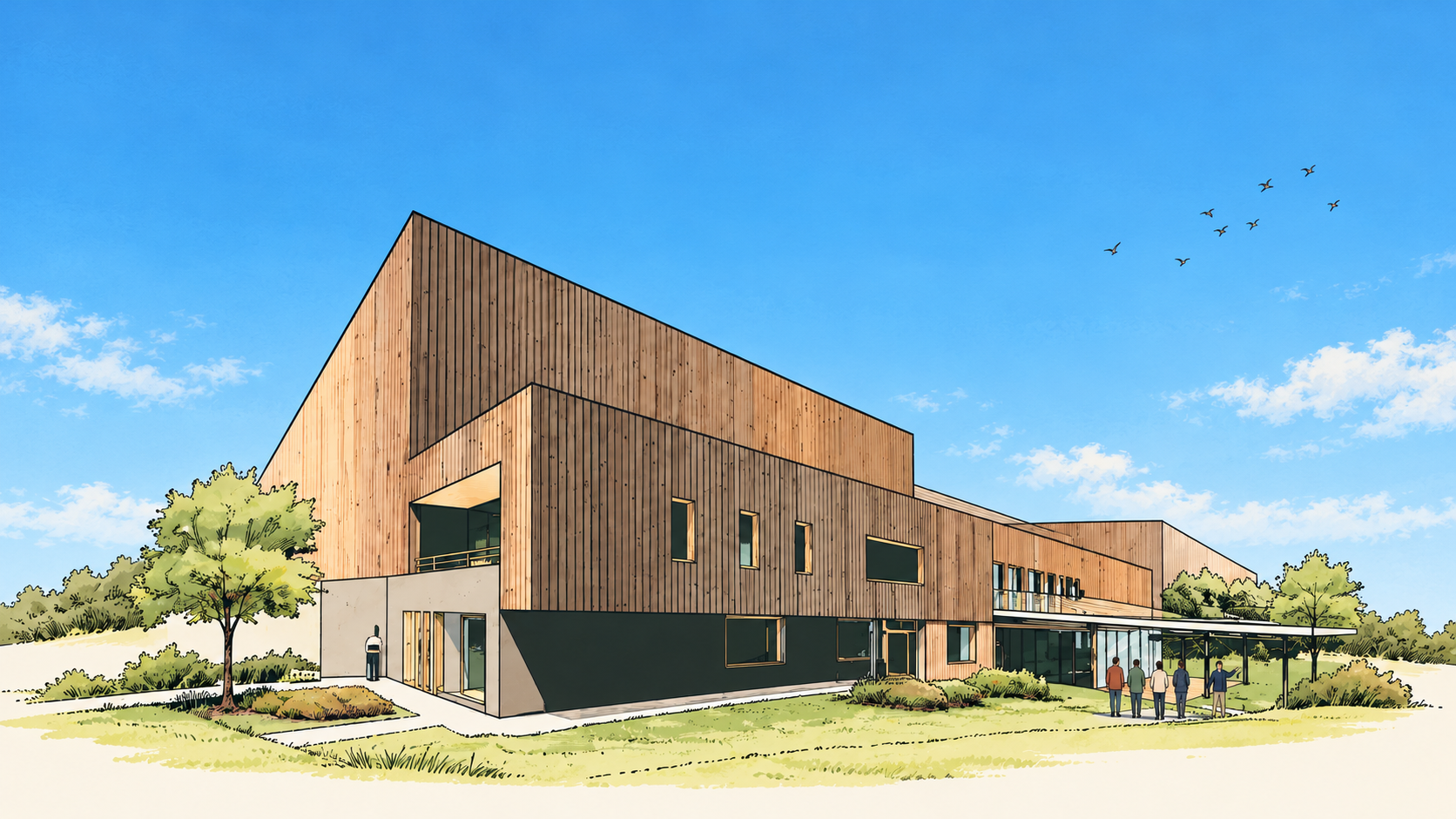 Illustration du bâtiment Épure en bois, avec des visiteurs devant l’entrée, sous un ciel bleu.