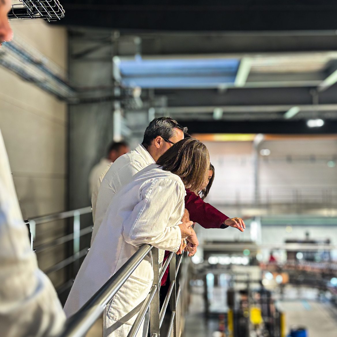 Des visiteurs en blouse, accoudés à la passerelle, regardent la ligne d'embouteillage en contrebas.